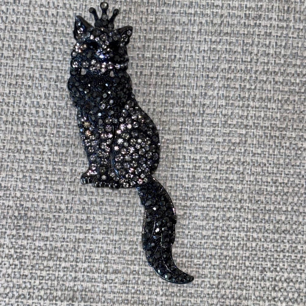 Vintage Black Cat Brooch Rhinestone Diamond Royal‎ Goth Whimsigoth